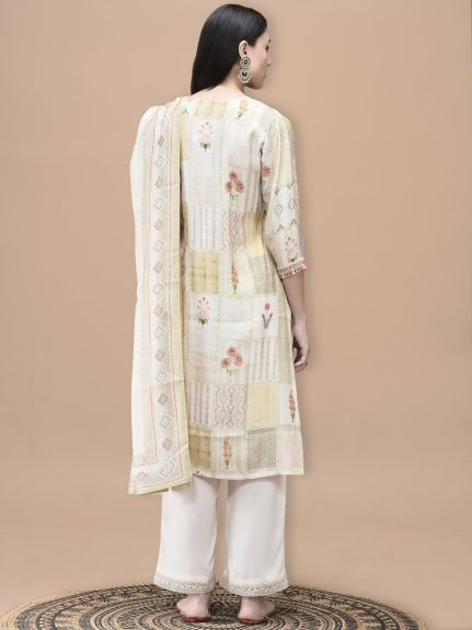 Shree Women Liva Cream Floral Print Kurta Comfort Pant Dupatta